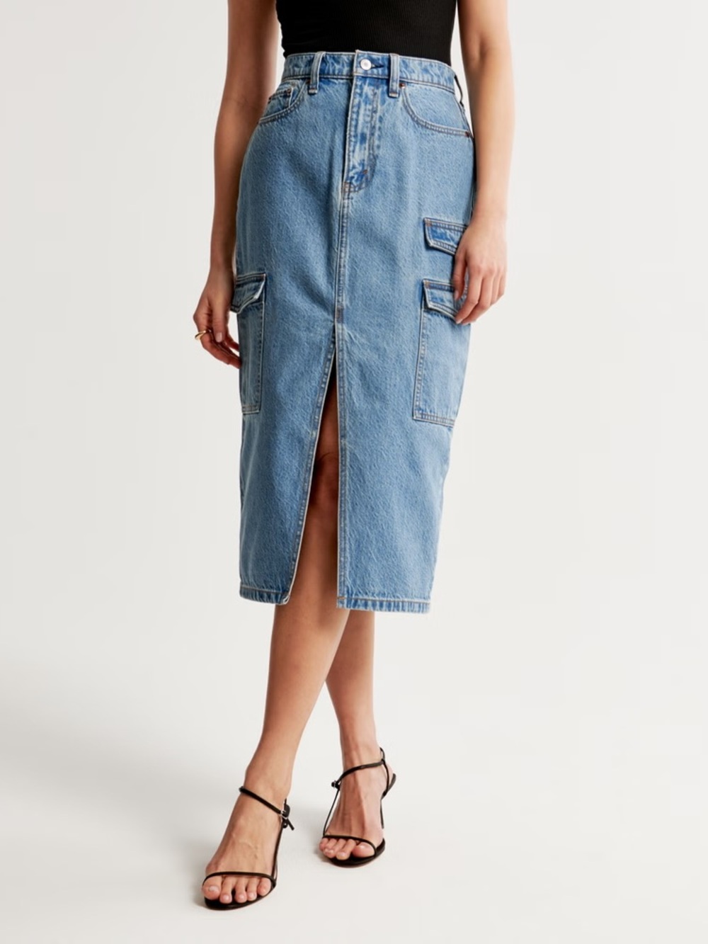 NWT Abercrombie and Fitch High-Rise Light Blue Denim Midi Skirt Front Slit 10T
